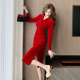 Autumn New V-neck Black Velvet Midi Dresses for Women Korean Elegant Fashion Evening Party Prom Long Sleeve Female