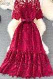 Hollow Out Lace Long Dress Women Sexy O-Neck Short Sleeve High Waist A-Line Vacation Beach Vestidos Female With Belt
