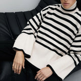2021 Autumn Winter Oversized Knitted Pullover Women Turtleneck Long Sleeve Khaki Striped Loose Sweater Casual