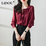 Autumn New Office Lady Elegant Solid Folds Temperament Shirt Top Women Long Sleeve All-match Blouse Fashion Simple