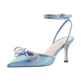Onlymaker Women Pointed Toe Elegant Sandals Crystal Butterfly-knot Ankle Strap Buckle Thin High Heels Wedding Party Dress