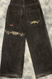 Street Popular Vintage Gothic Embroidered Jeans Women Harajuku Hip Hop Baggy Jeans Punk Rock Straight Pants Casual Jeans