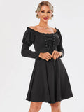 Waist Front Ruched A Line Dress Front Twist Long Sleeve Black LBD Little Black Women