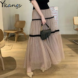 Quality Skirts Women Summer Casual Elastic High Waist Mesh Midi Skirt Spring Female Skirts Elegant Flocking Polka Dot