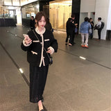 Female Black Tweed Coat Women Bright Silk Autumn Outerwear Channel Style Za Suit Kawaii Lace Stitching Ruffles