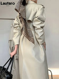 Spring Autumn Long Faux Leather Trench Coat for Women Belt Double Breasted Luxury Elegant Fashion