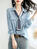 Elegant Fashion Lace Up Women Shirt Korean V Neck Long Sleeve Sweet Pullovers Casual Loose Female Tops Spring Chic