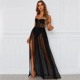 Women Black White High Split Long Maxi Evening Party Dresses 2022 Summer Sexy Spaghetti Strap Hollow Out Mesh Night Club