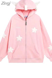 Wing Blue Star Hooded Coats Women Fleece Kawaii Clothes Harajuku Sweatshirts Loose Long Sleeve Sweet Sudadera Mujer