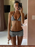 Style Sexy Striped Bikini Set Hottie Hanging Neck Vest + Shorts Two