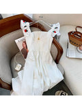 White Dress Summer Elegant Vintage Kawaii Sleeveless Midi Dress Sexy Flower Print Square Collar Sundress Party