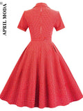 England Style Red Plaid Dress Women Summer Short Sleeves Sashes A-Line Casual Tunic Dress 50s Vintage Midi Party