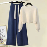 Winter Knitted Two Piece Set Women Casual Pullover Long Sleeve Knitting Sweater And Wide Leg Pants Sets For Women