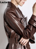 Spring Autumn Long Shiny Reflective Crocodile Print Patent Pu Leather Trench Coat for Women Runway European