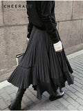 Grey Black Long Pleated Skirt Women High Waist Irregular Skirt Swing Frill Autumn Midi Skirt