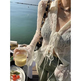 Y2K Lace Thin Shirt Women Sexy Sunscreen See Through Slim Blouses Vintage Skinny Casual Crop Tops Sun Protection