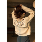 2021 Winter Cardigan For Women Long Sleeve Floral Turn Down Neck Solid Sweet Knitted Tops Female Clothing