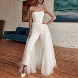 Tulle Strapless Beach Jumpsuit Wedding Dress With Detachable Solid Party Clothing A-Line Backless Simple Bridal Gown