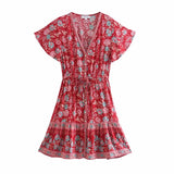 Queens Women Floral Print Short Sleeve V-neck Front Button Beach Bohemian Sundress Tassel Rayon Mini Dress