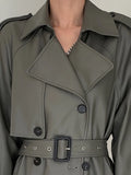 Spring Autumn Long Gray Pu Leather Trench Coat for Women Raglan Sleeve Belt Runway Luxury Designer European Fashion