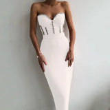 Strapless Women Dress Bandage Bodycon 2021 New Elegant Beading Party Evening Club Midi Dresses Summer Autumn
