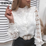 Autumn Stand Collar Hook Flower Hollow Out Shirt Ladies Long Sleeve Wild Top Women Elegant Fashion Cardigan Casual