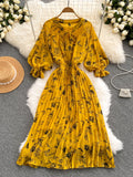 Red/Brown/White Printed Pleated Chiffon Dress Autumn Elegant V-Neck Flare Long Sleeve High Waist Draped Midi Vestido