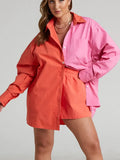 Spring and Summer Splicing Leisure Two-piece Women's Long-sleeved Lapel Shirt Shorts Loose Fashion Suit Street Women's