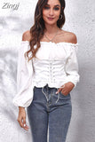 Neck Women Blouse White Black Off Shoulder Bandage Shirt Spring Summer Slim Lantern Sleeve Solid