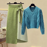 Women Autumn Winter Warm Knitted Two Pieces Sets Korean Long Sleeve Pullover Sweater Top And High Waist Skirts