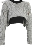 Autumn New Women Solid Color Pullover Sweater Hollow Out Knitted Long Sleeve Cropped Sweater Korean Style Casual