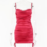 Lace Backless Mini Dress Women 2022 Summer Fashion Spaghetti Strap Sleeveless Bodycon Sexy Club Party Ruched