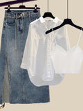 Outfits For Women 2023 Fashion Sling Vest+long Sleeve Sunscreen Shirt+side Split Denim Skirts Sets Korean 3 Piece