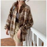 Plaid Shirt Women Vintage Harajuku Brown Top Oversize Long Sleeve Outerwear Button Up Blouse Basic Spring Jackets