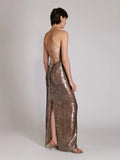 Sexy Sleeveless Backless Lace-up Slim Long Dress Summer Elegant Pleated Backless Bright Sequins Dress Luxury Evening