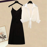 Women Summer Dresses Two Piece Sets Korean Casual Black Straps Dresses And Chiffon Sunscreen Cardigan Suits