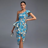 Ruffle Party Dress Women Blue Bodycon Dress Elegant Sexy Midi One Shoulder Evening Club Outfits 2022 Summer New