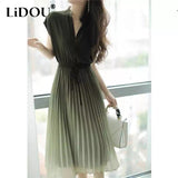 New Elegant Fashion Sexy Gradient Chic Dress Women Short Sleeve Folds Aesthetic Vestidos De Fiesta Sweet Solid Robe
