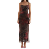 Women Vintage Sling Dress Spaghetti Straps Pleated Flower Print Lace Tulle Patchwork Summer Evening Party Midi
