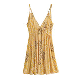 Queens Women Floral Print Strapless Deep V-neck Front Button Beach Bohemian Sundress Tassel Rayon Mini Dress