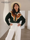 Deer Embroidered Long Sleeve Shirt Vintage Button Up Collar Dark Green Shirt For Women Designers Tops And Blouses