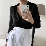 Button Up Satin Silk Shirt Vintage Blouse Women Spring Fashion White Lady Long Sleeves Loose Tops Korean Street