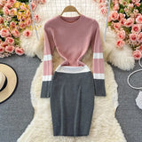 Winter 2021 Simple Warm Tight Dress Elegant Office Lady Dress Long Sleeve High Waist Pencil Stretch Knit Dress