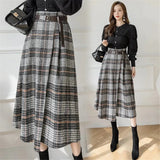 Ladies Vintage Autumn Winter Warm Midi Long Skirt Women Korean Irregular Plaid Mid-Length High Waist Skirt Female