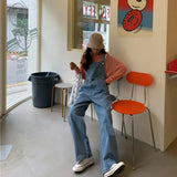 Women Denim Overalls Vintage Streetwear Loose Jumpsuit Korean Straight Wide Leg Pants Casual Jeans All Match