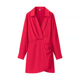 Wrinkled Dress 2025 Spring And Summer Shirt Style Long-Sleeved V-Neck High Waist Repair Short Mini