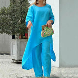 Loose Suits Casual Women Autumn 2 Piece Sets Fashion Long Sleeve O Neck Irregular Long Tops + Straight Pants Ladies