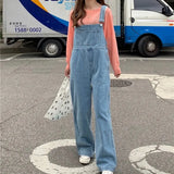 Women Denim Overalls Vintage Streetwear Loose Jumpsuit Korean Straight Wide Leg Pants Casual Jeans All Match
