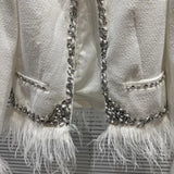 2022 Winter New Arrival Long Sleeve Feathers Rhinestone Round Neck White Short Jacket Women