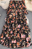 Vintage Floral Ruffle Chiffon Long Dress Women Sexy Slash Neck Off Shoulder Flare Sleeve High Waist A-Line Beach